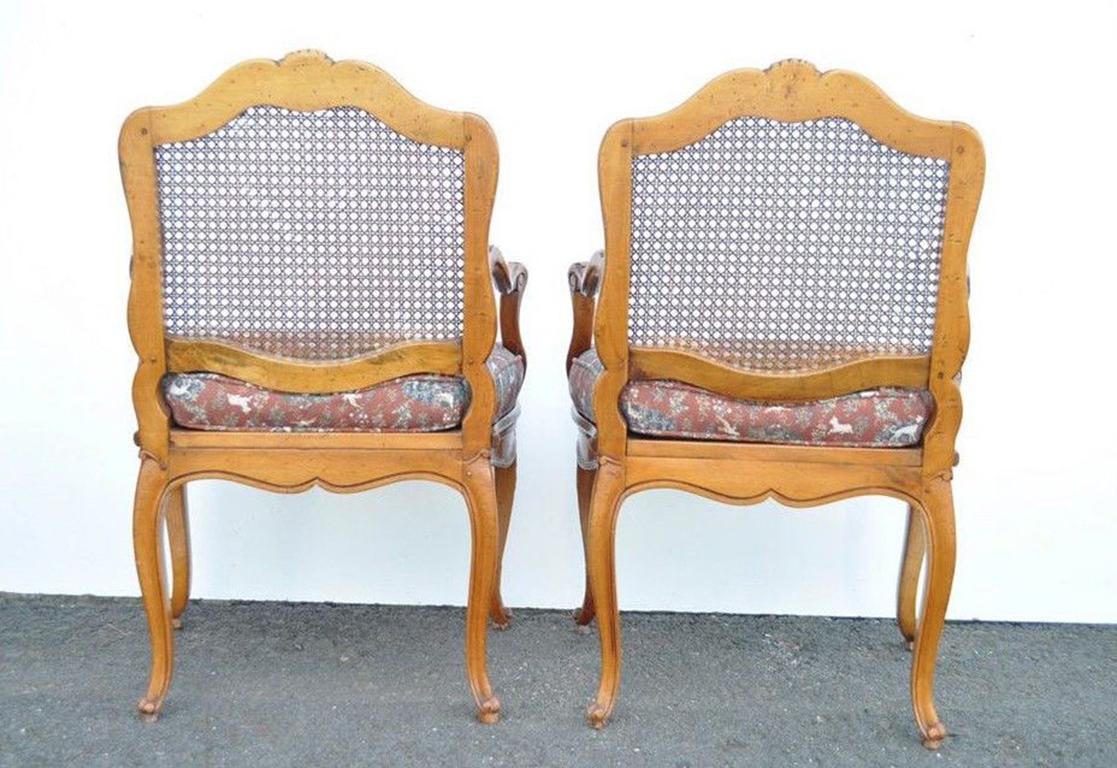 Vintage French Country Louis XV Style Carved Cane Back Fauteuil Armchairs, Pair 5