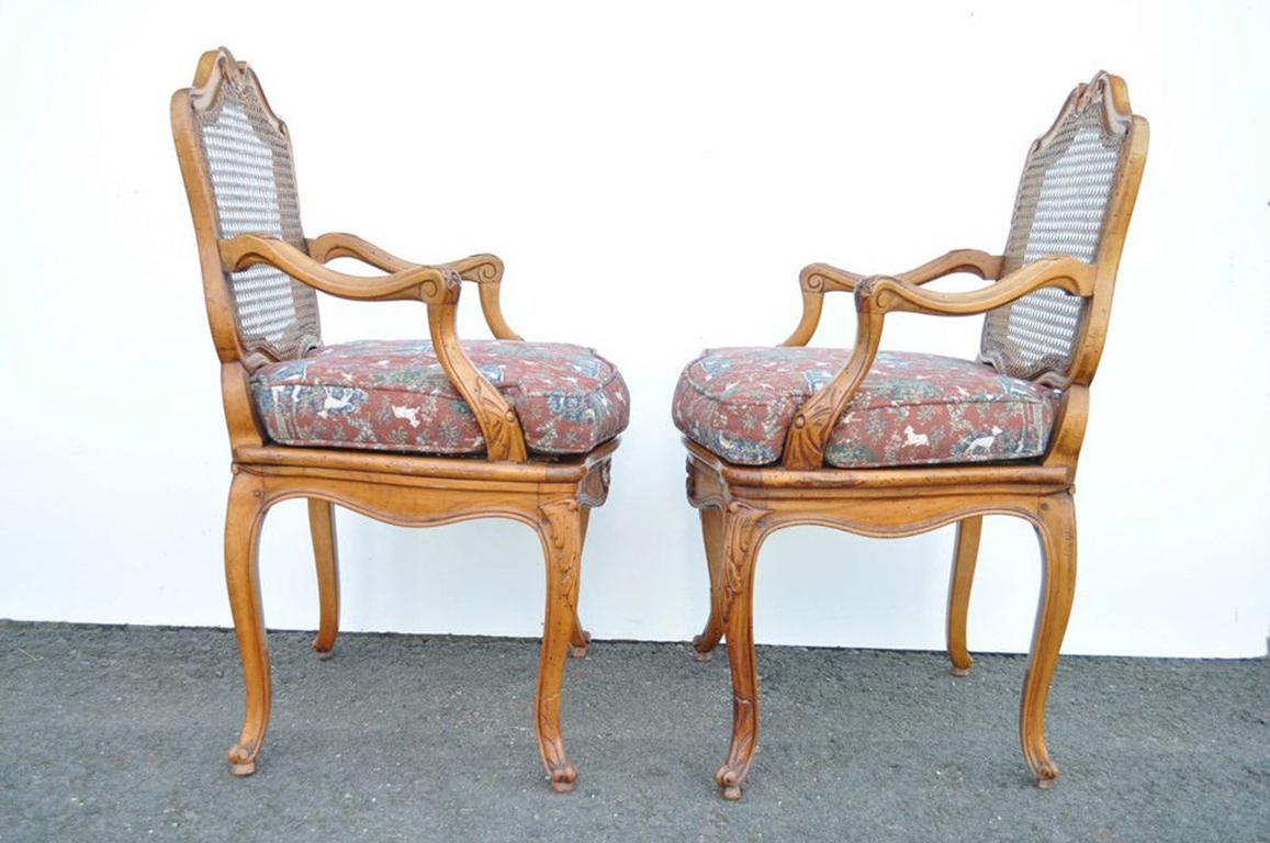 Vintage French Country Louis XV Style Carved Cane Back Fauteuil Armchairs, Pair 6