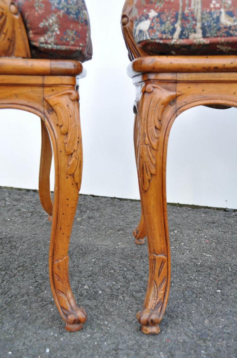 20th Century Vintage French Country Louis XV Style Carved Cane Back Fauteuil Armchairs, Pair