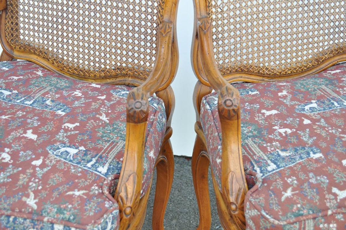 Fabric Vintage French Country Louis XV Style Carved Cane Back Fauteuil Armchairs, Pair