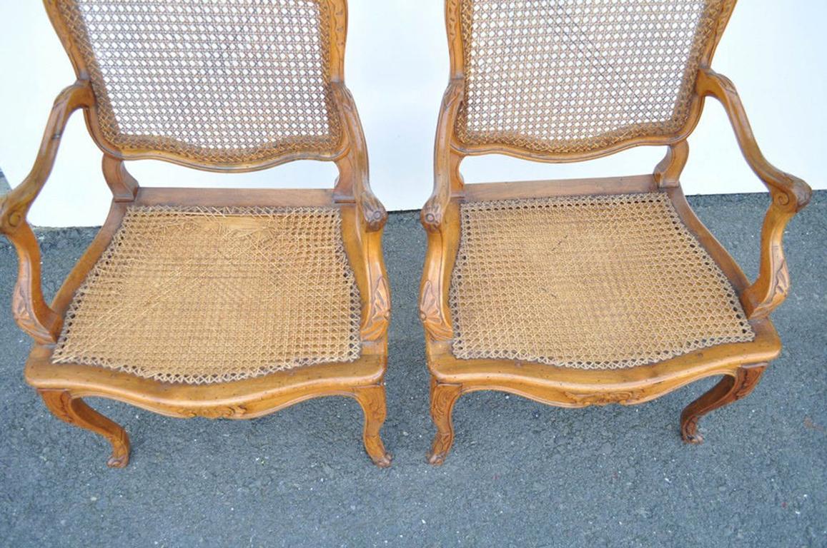 Vintage French Country Louis XV Style Carved Cane Back Fauteuil Armchairs, Pair 1