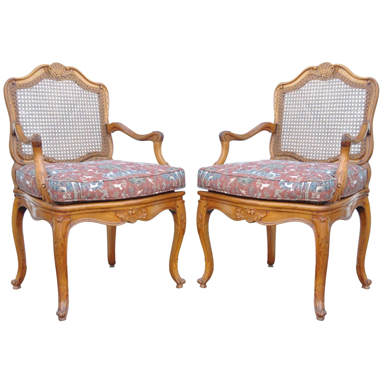 Vintage French Country Louis XV Style Carved Cane Back Fauteuil Armchairs, Pair