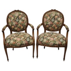 Vintage French Country Louis XV Style Carved Round Back Walnut Arm Chairs - Pair
