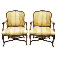 Vintage French Country Louis XV Style Carved Walnut Lounge Arm Chairs - a Pair