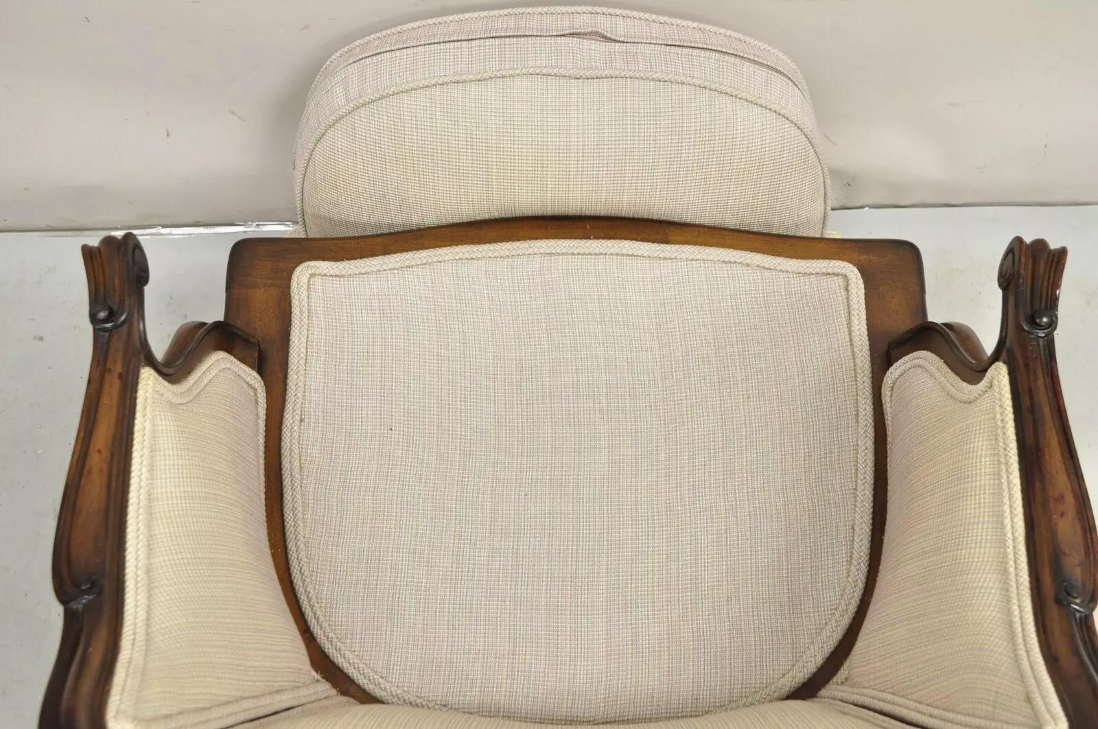 Vintage French Country Louis XV Style Carved Walnut Low Bergere Lounge Chair For Sale 5