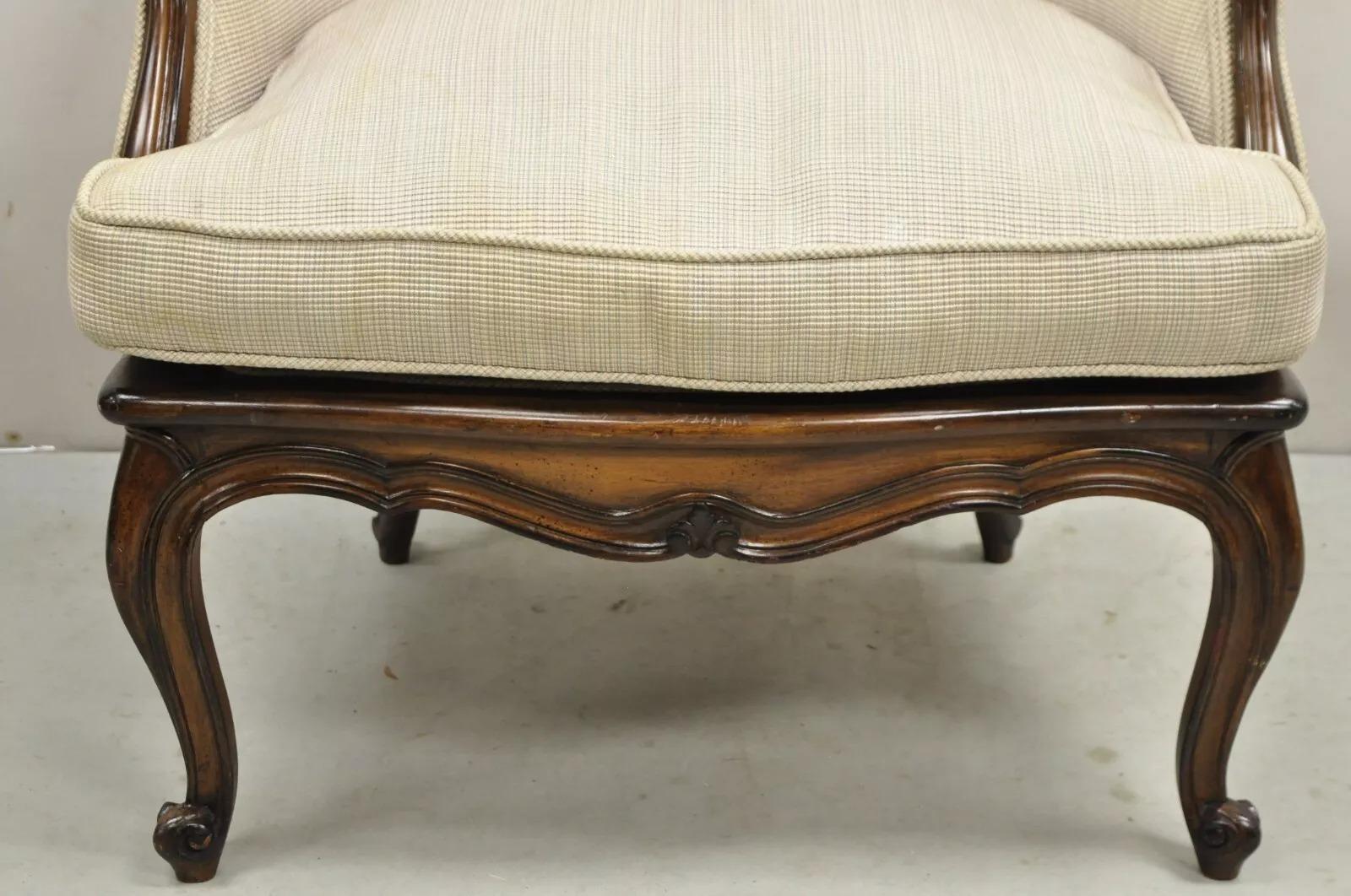 Vintage French Country Louis XV Style Carved Walnut Low Bergere Lounge Chair For Sale 7