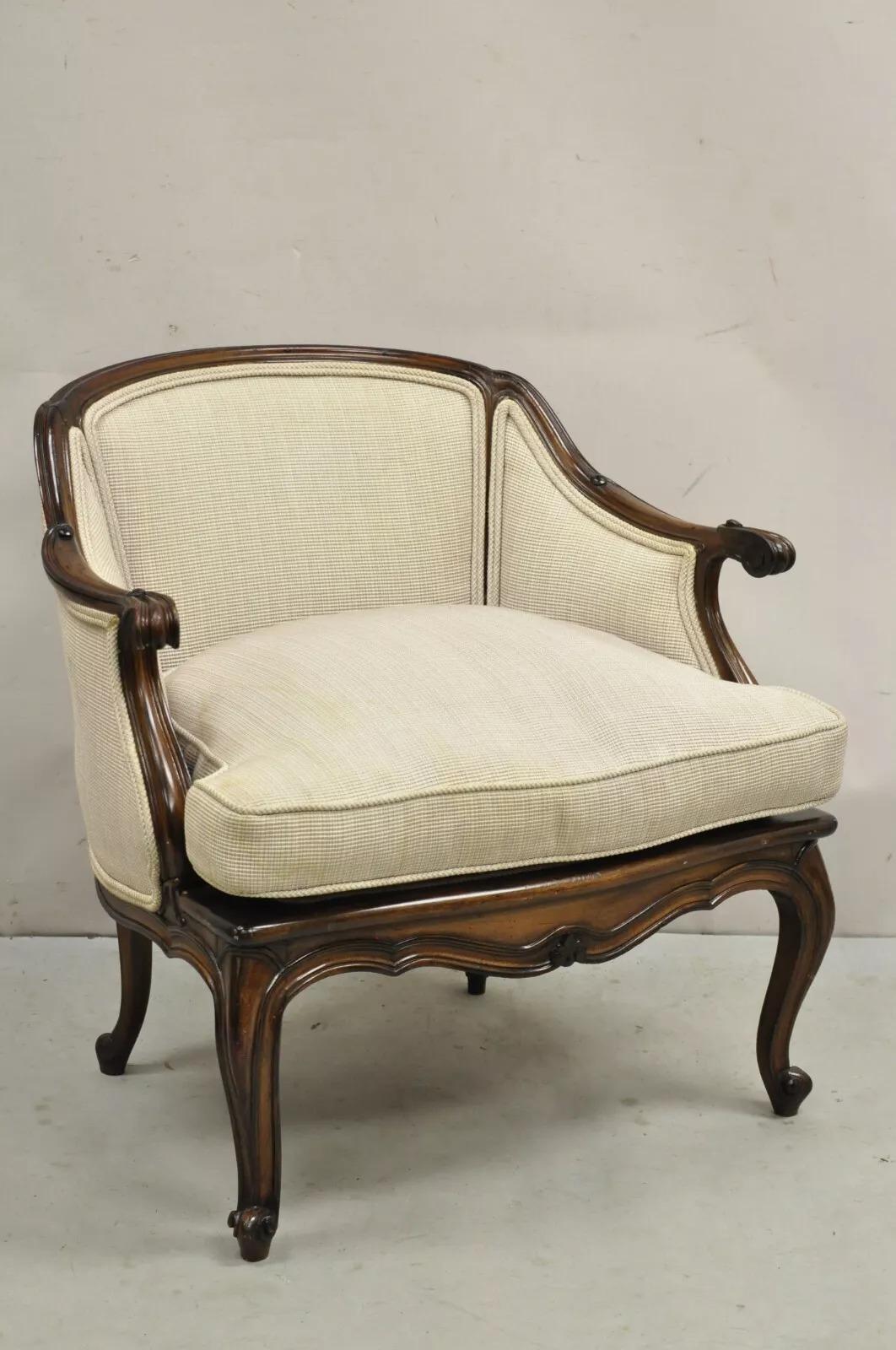 Vintage French Country Louis XV Style Carved Walnut Low Bergere Lounge Chair. Circa Mid 20th Century. Measurements: 28.5