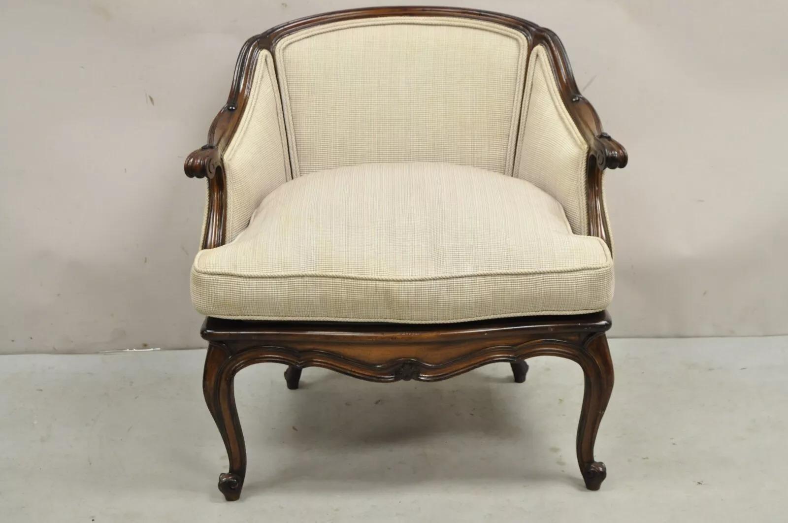 Unknown Vintage French Country Louis XV Style Carved Walnut Low Bergere Lounge Chair For Sale