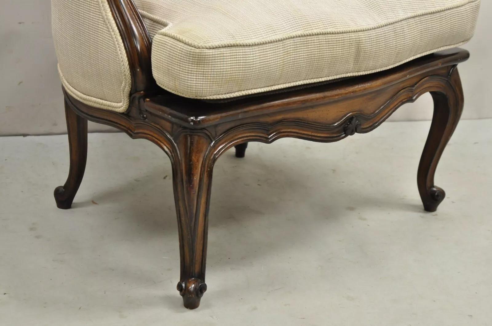 Vintage French Country Louis XV Style Carved Walnut Low Bergere Lounge Chair In Good Condition For Sale In Philadelphia, PA