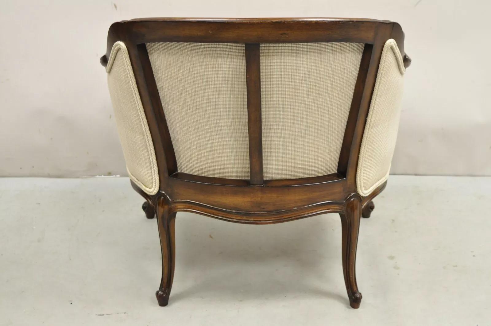20th Century Vintage French Country Louis XV Style Carved Walnut Low Bergere Lounge Chair For Sale