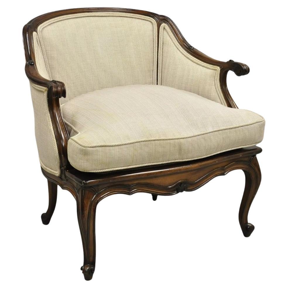 Vintage French Country Louis XV Style Carved Walnut Low Bergere Lounge Chair