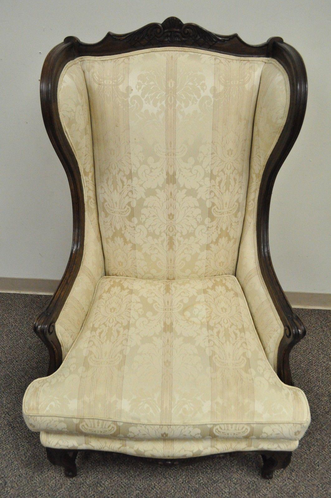 Vintage French Country Louis XV Style Carved Walnut Wing Back Chair and Ottoman 2