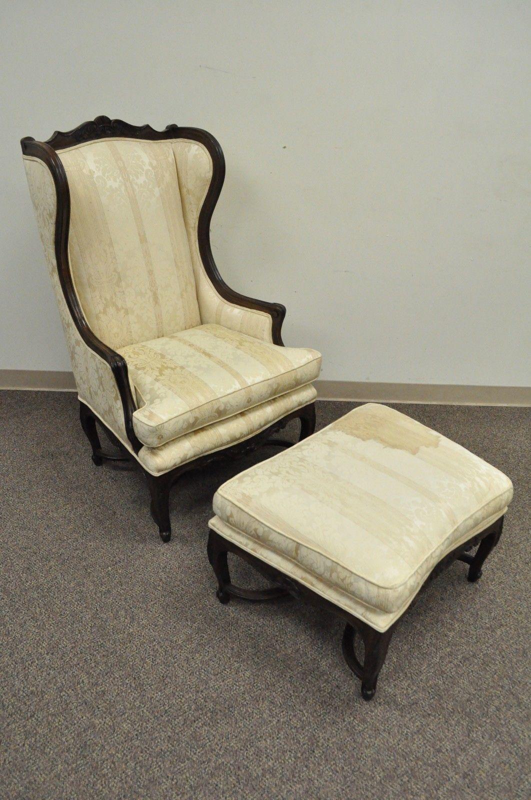 Vintage French Country Louis XV Style Carved Walnut Wing Back Chair and Ottoman 4