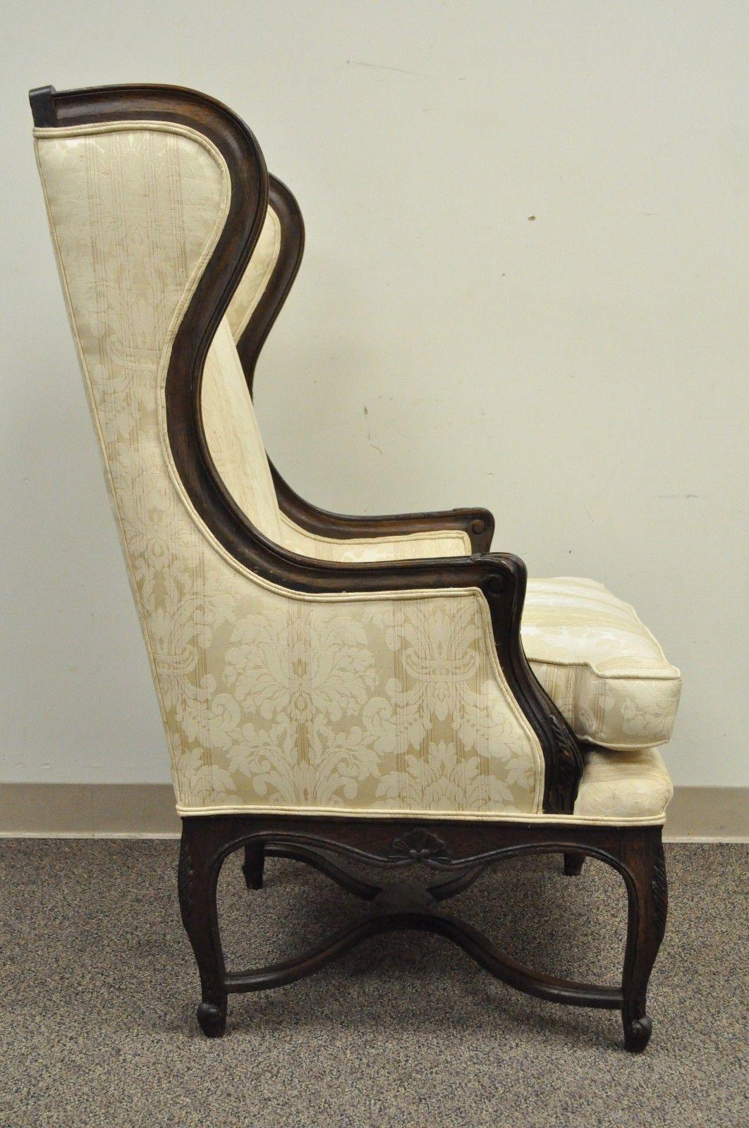 American Vintage French Country Louis XV Style Carved Walnut Wing Back Chair and Ottoman