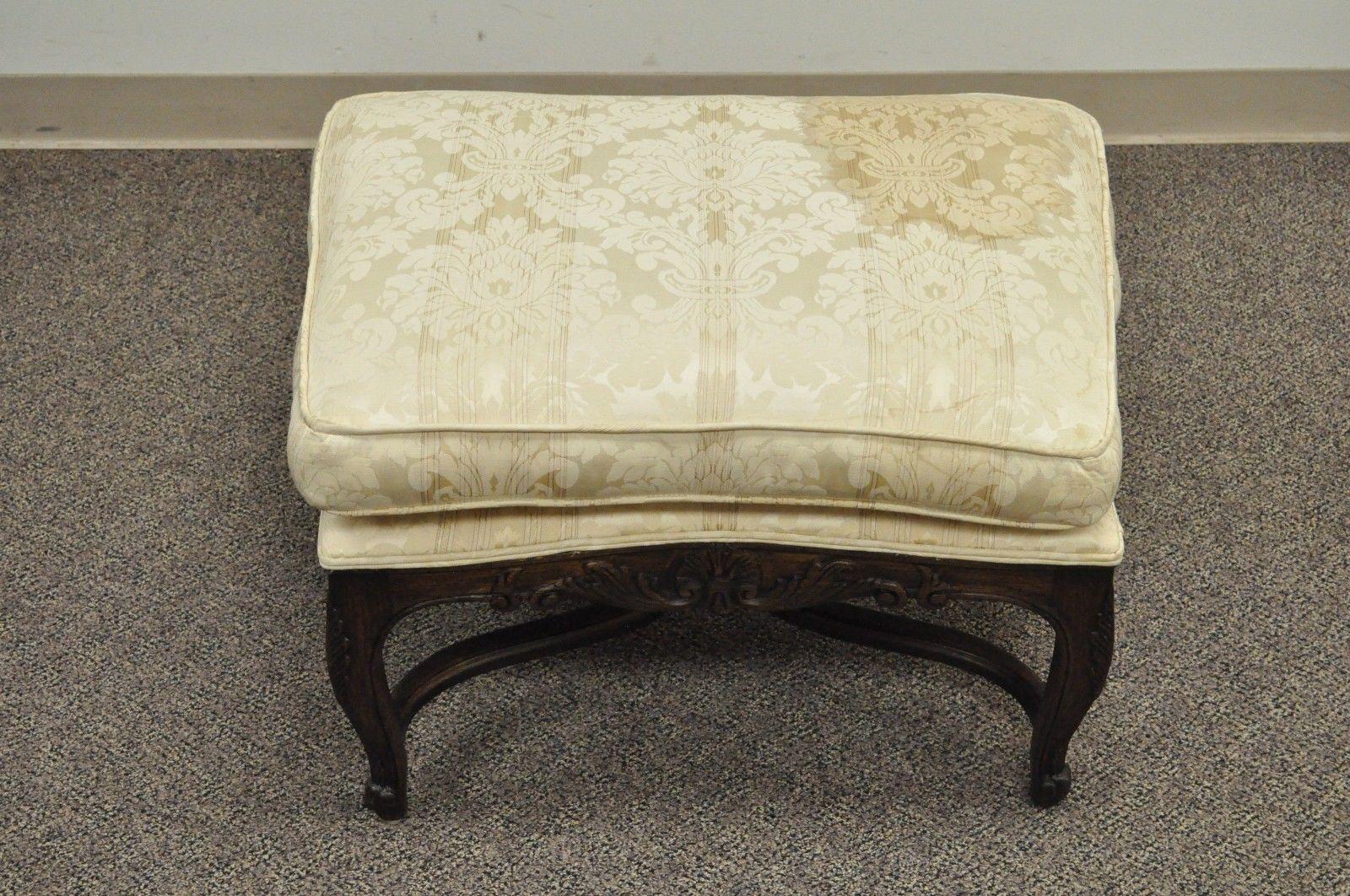 Fabric Vintage French Country Louis XV Style Carved Walnut Wing Back Chair and Ottoman