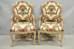 Vintage French Country Louis XV Style Carved Wood Lounge Arm Chairs - a Pair