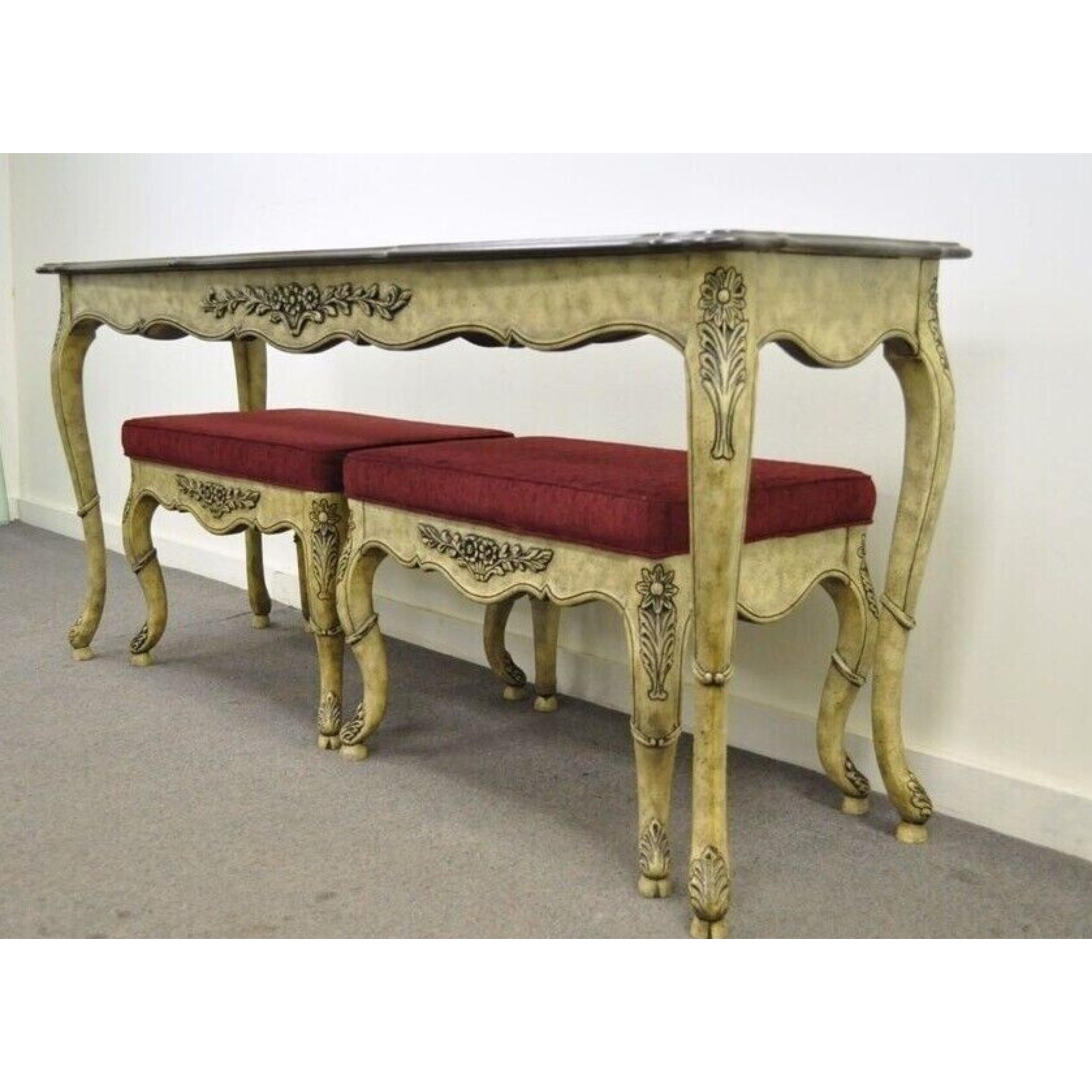 Vintage French Country Louis XV Style Console Hall Table and Pair Stools Benches For Sale 4
