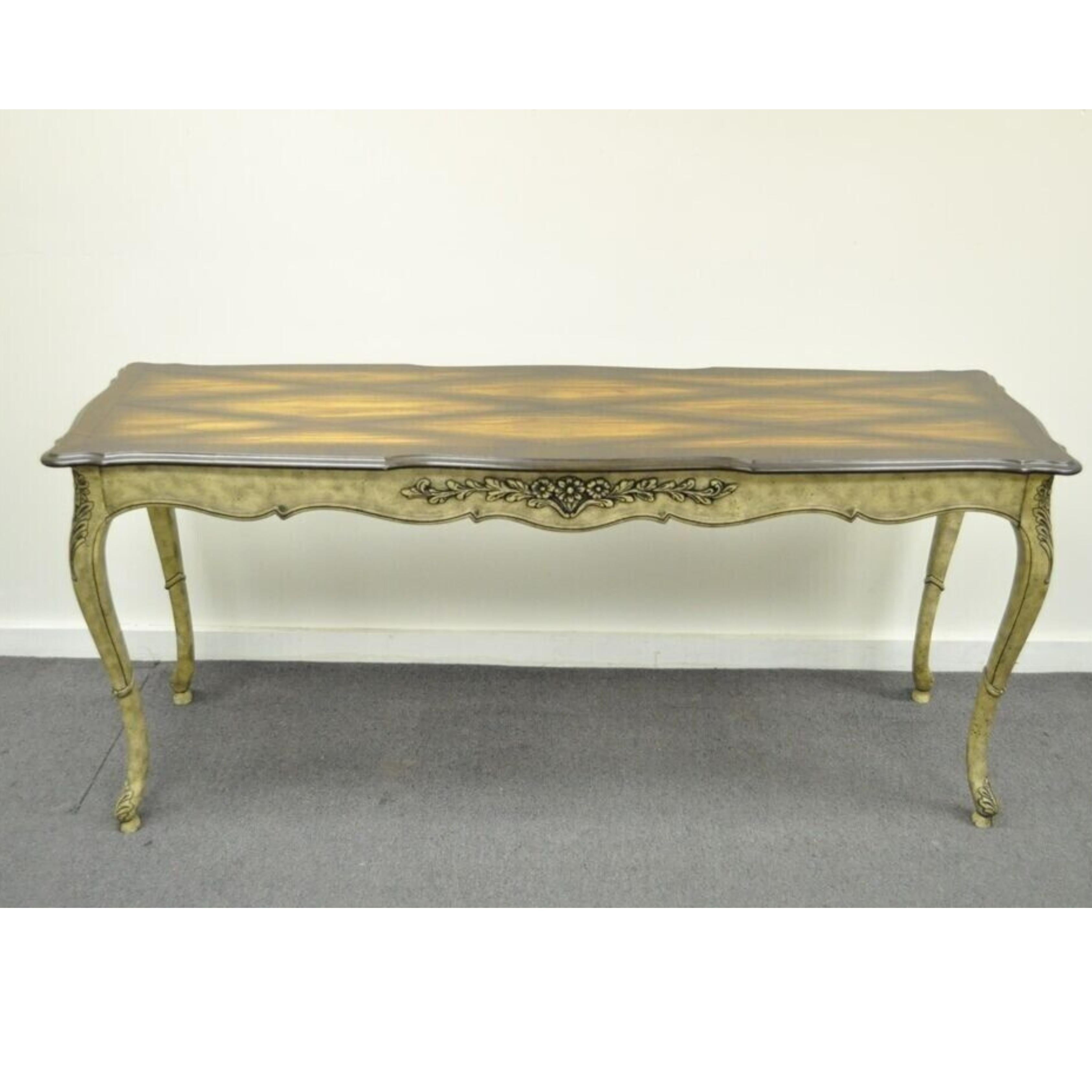 Vintage French Country Louis XV Style Console Hall Table and Pair Stool Benches - 3 Pc Set. Item features a distressed finish, scalloped parquetry table top with natural wood grain. Table and stools features beautiful cabriole legs with hoof feet