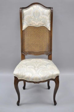 Vintage French Country Louis XV Style High Cane Back Carved Walnut Side Chair