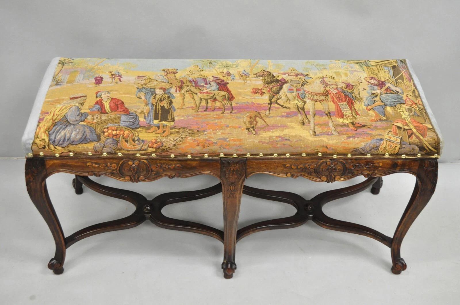 Vintage French Country Louis XV Style Walnut Bench w/ Arabian Market Tapestry For Sale 6
