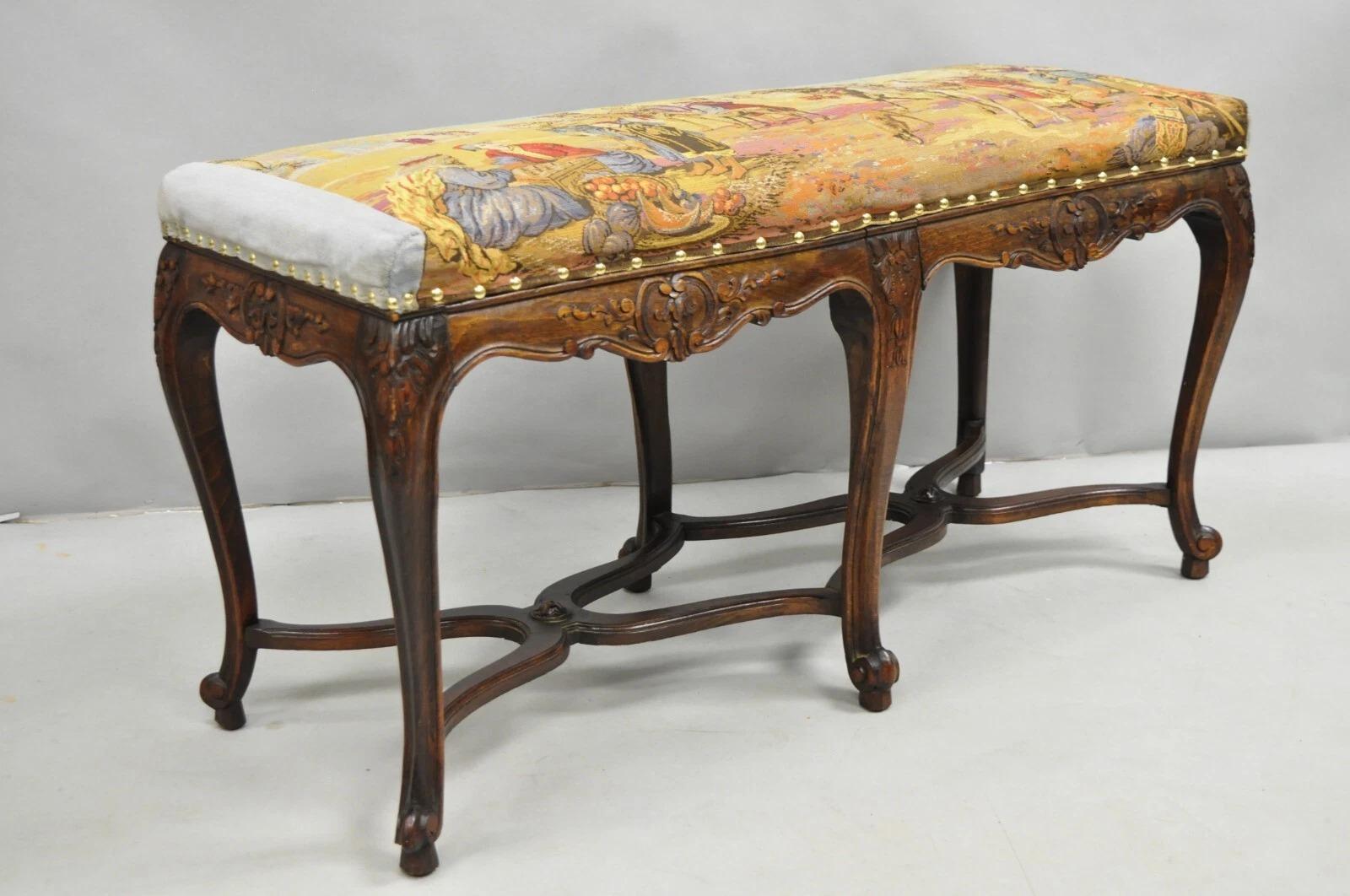 Unknown Vintage French Country Louis XV Style Walnut Bench w/ Arabian Market Tapestry For Sale