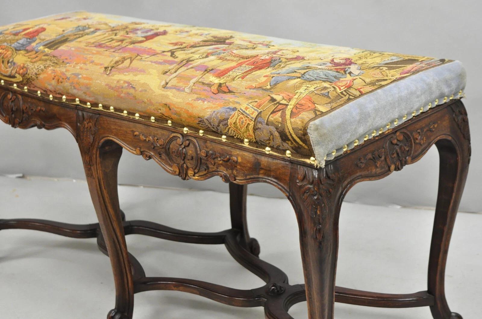 20th Century Vintage French Country Louis XV Style Walnut Bench w/ Arabian Market Tapestry For Sale