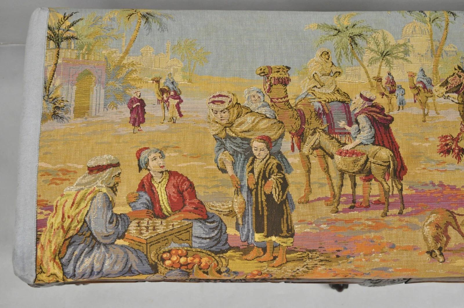 Vintage French Country Louis XV Style Walnut Bench w/ Arabian Market Tapestry For Sale 1