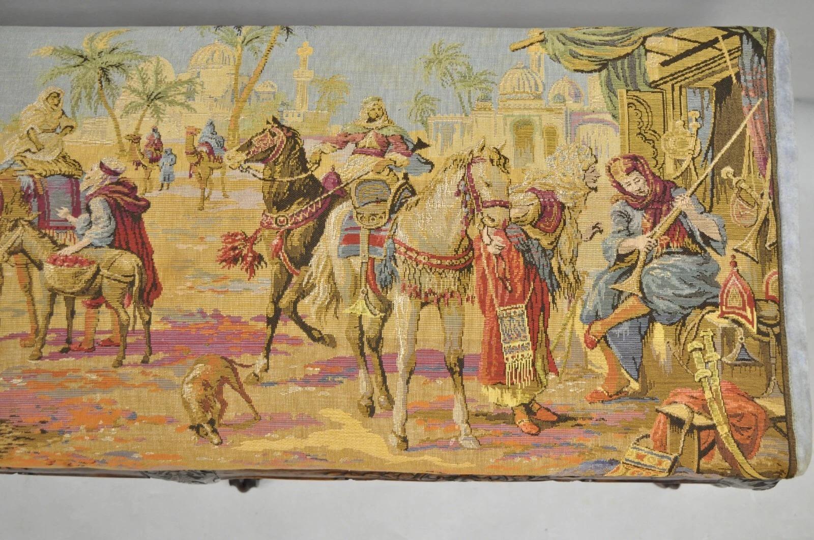 Vintage French Country Louis XV Style Walnut Bench w/ Arabian Market Tapestry For Sale 2