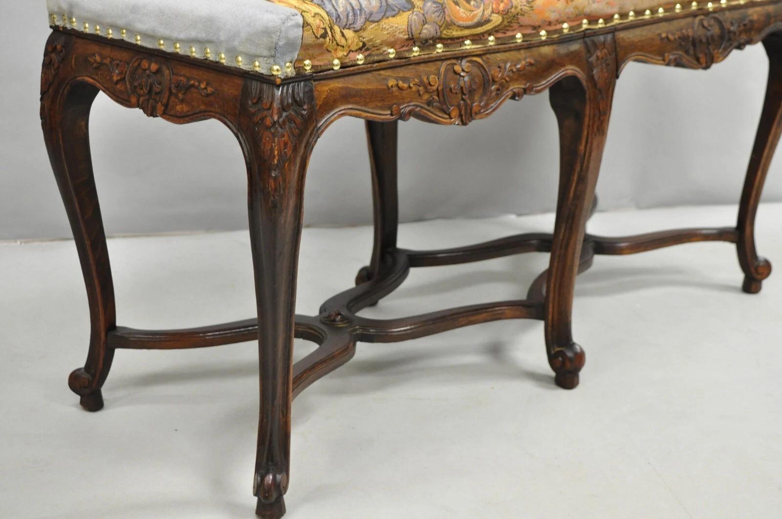 Vintage French Country Louis XV Style Walnut Bench w/ Arabian Market Tapestry For Sale 4