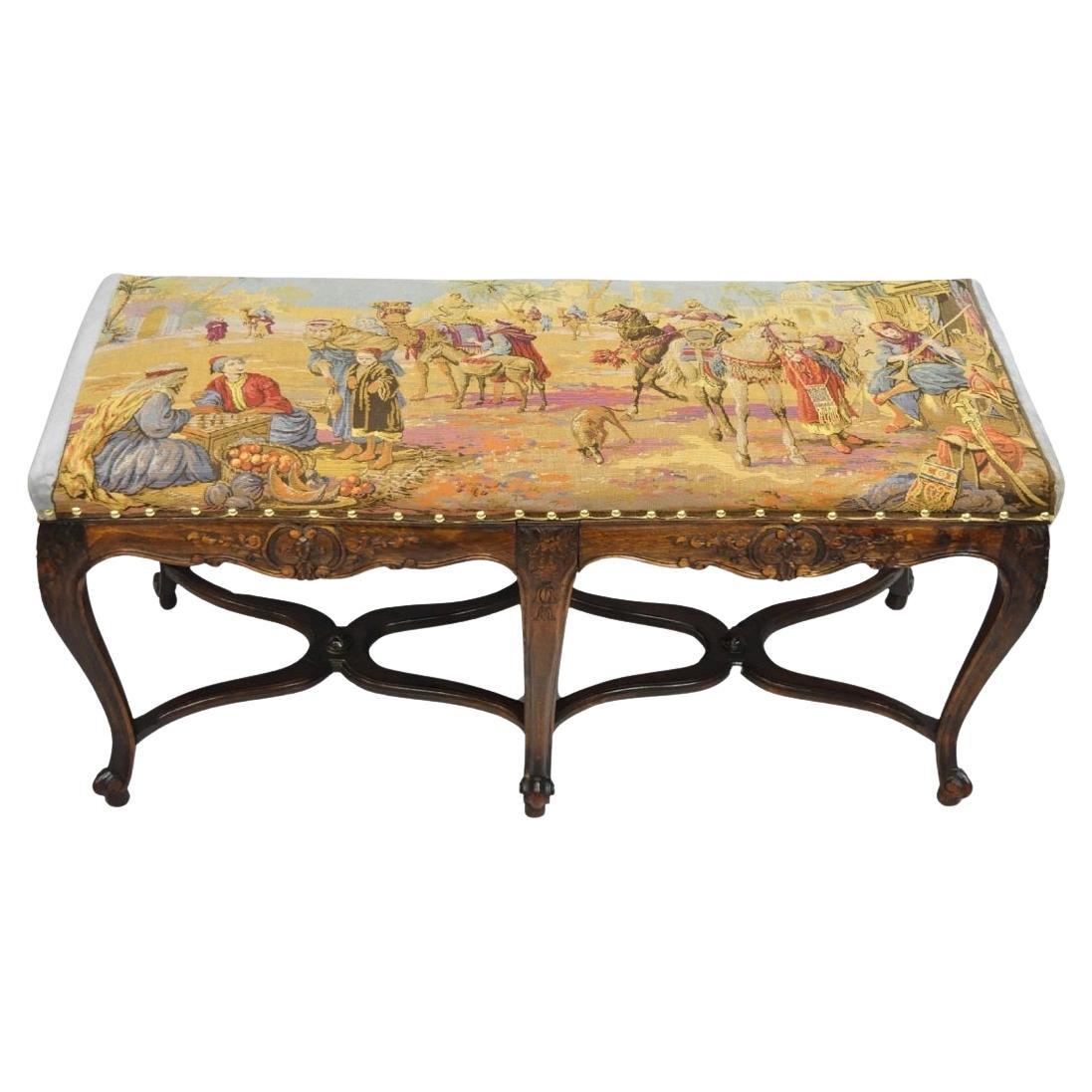 Vintage French Country Louis XV Style Walnut Bench w/ Arabian Market Tapestry For Sale