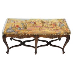 Vintage French Country Louis XV Style Walnut Bench w/ Arabian Market Tapestry