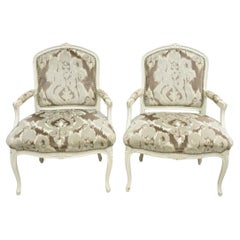 Vintage French Country Louis XV Style White Distress Painted Arm Chairs - a Pair