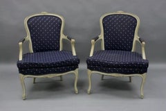 Vintage French Country Louis XV Style White Painted Arm Chairs - a Pair
