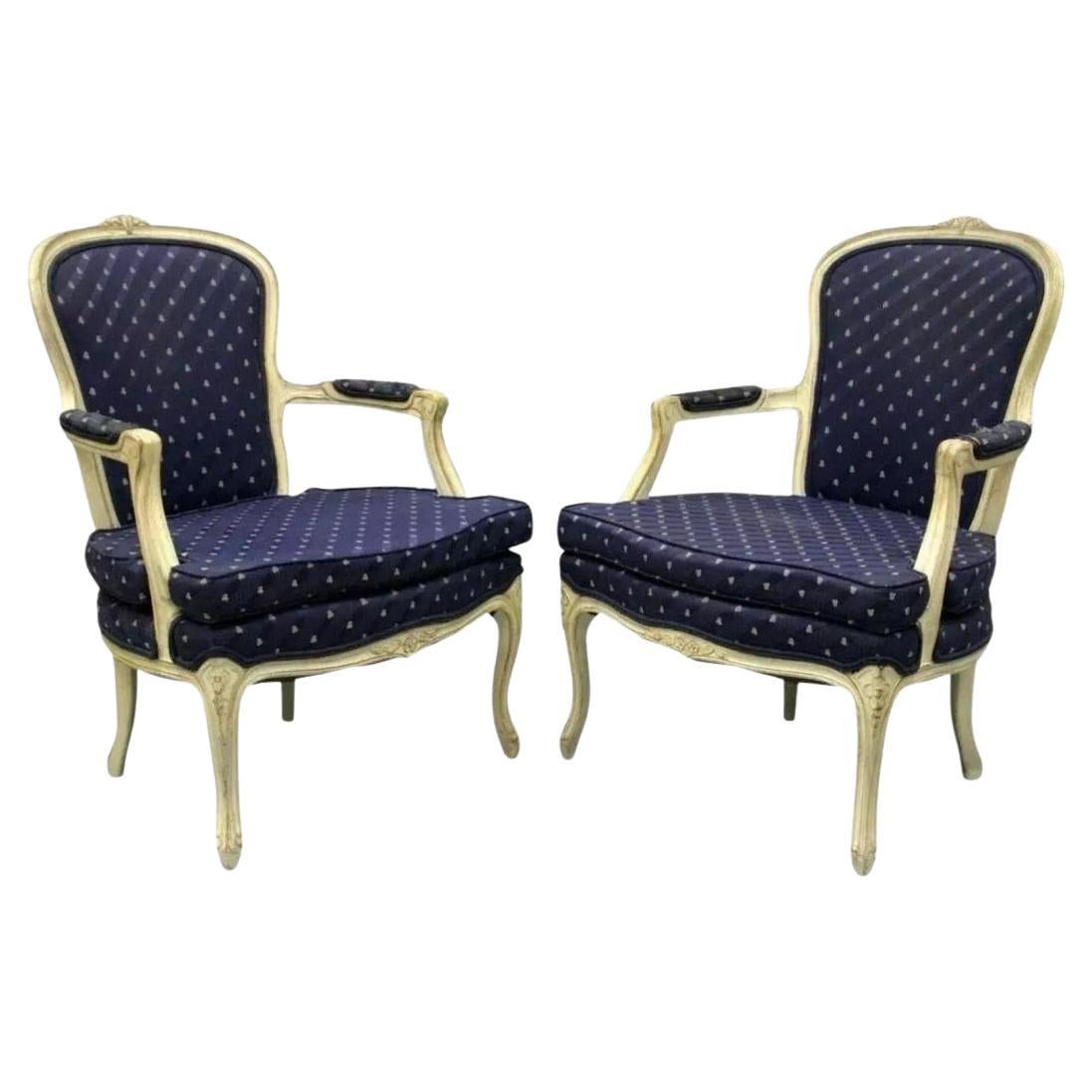 Vintage French Country Louis XV Style White Painted Arm Chairs - a Pair
