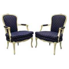Vintage French Country Louis XV Style White Painted Arm Chairs - a Pair