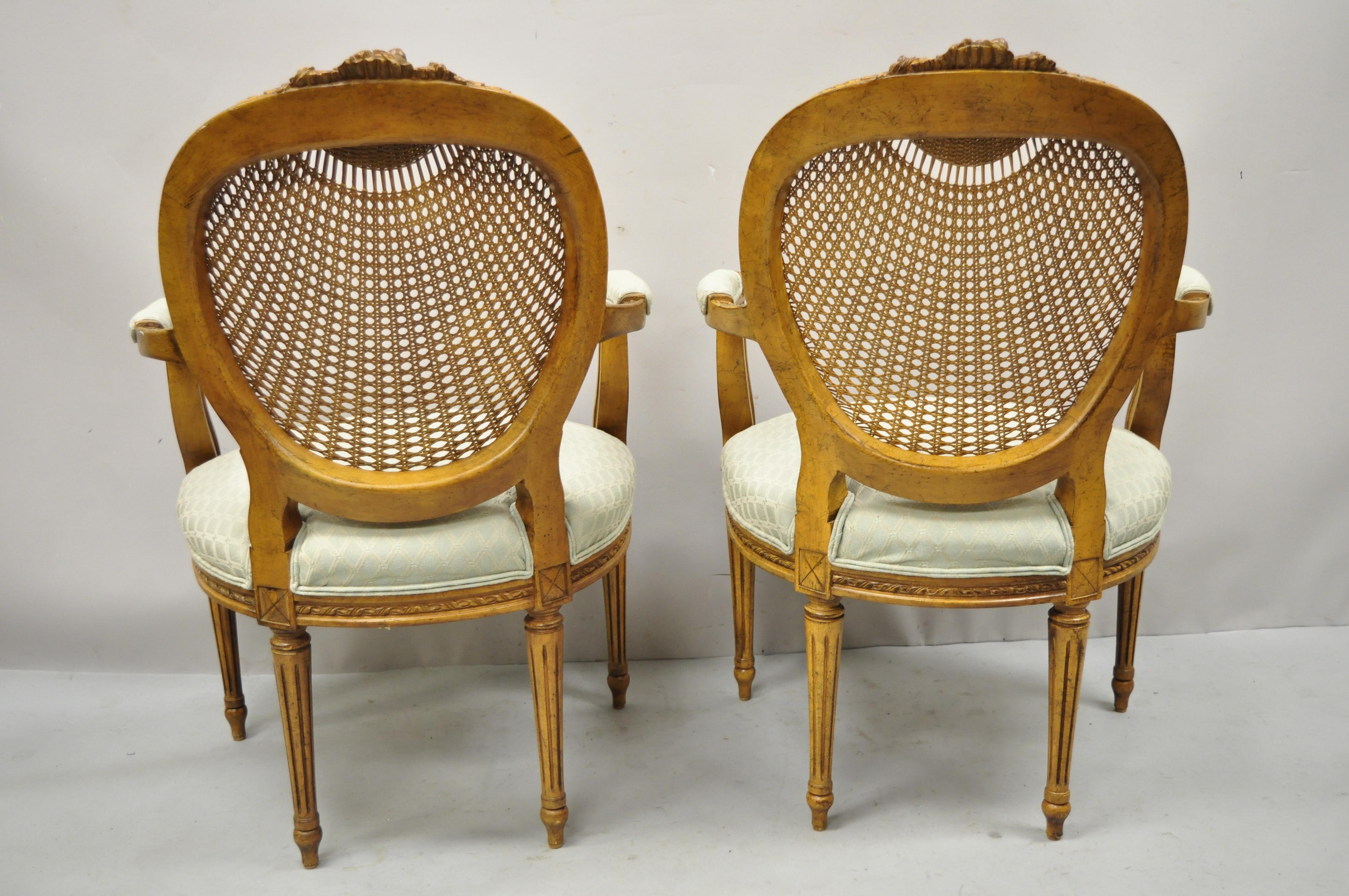 Vintage French Country Louis XVI Oval Cane Back Fauteuil Lounge Chairs, a Pair For Sale 2