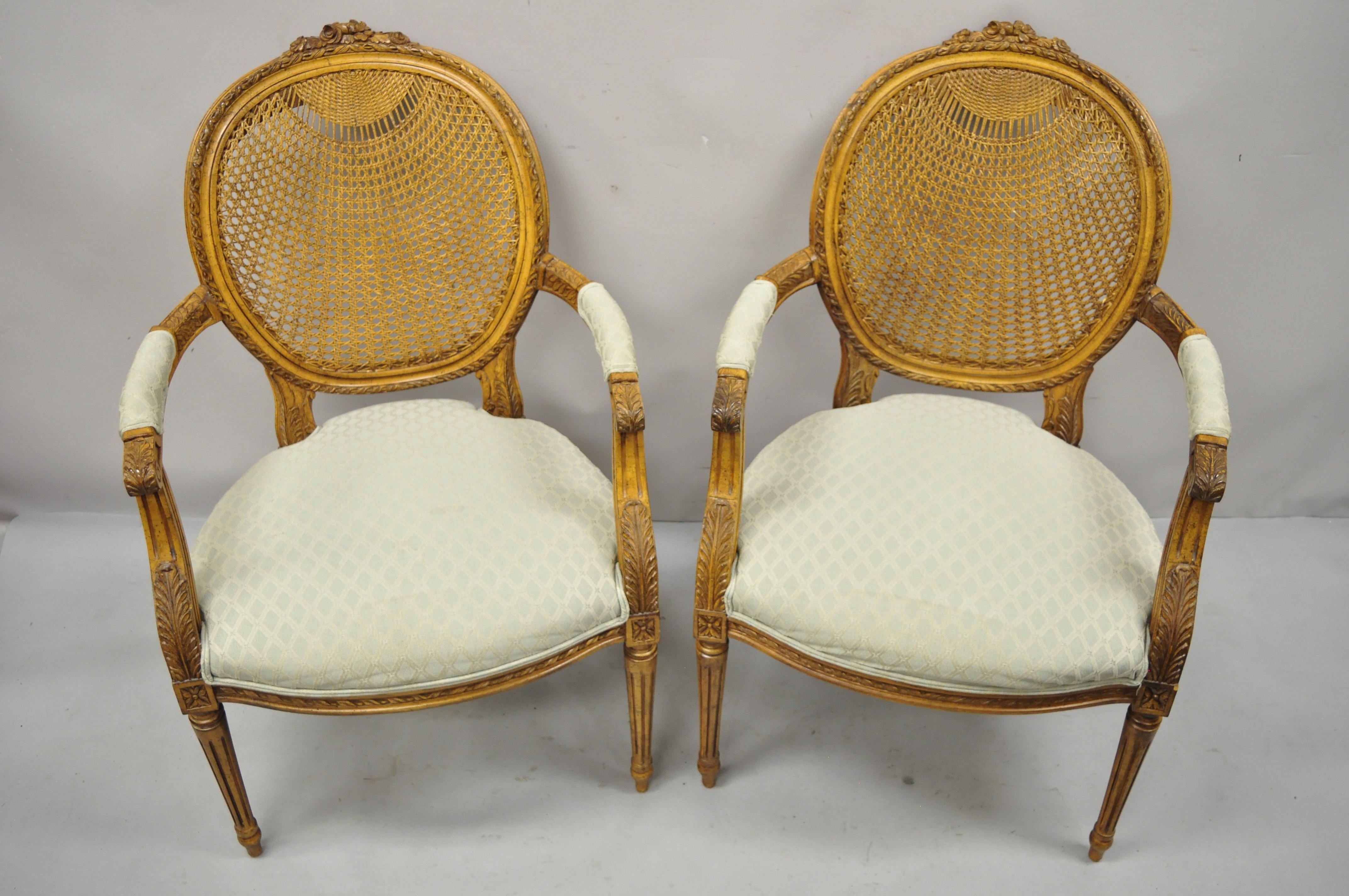 Vintage French Country Louis XVI Oval Cane Back Fauteuil Lounge Chairs, a Pair For Sale 4