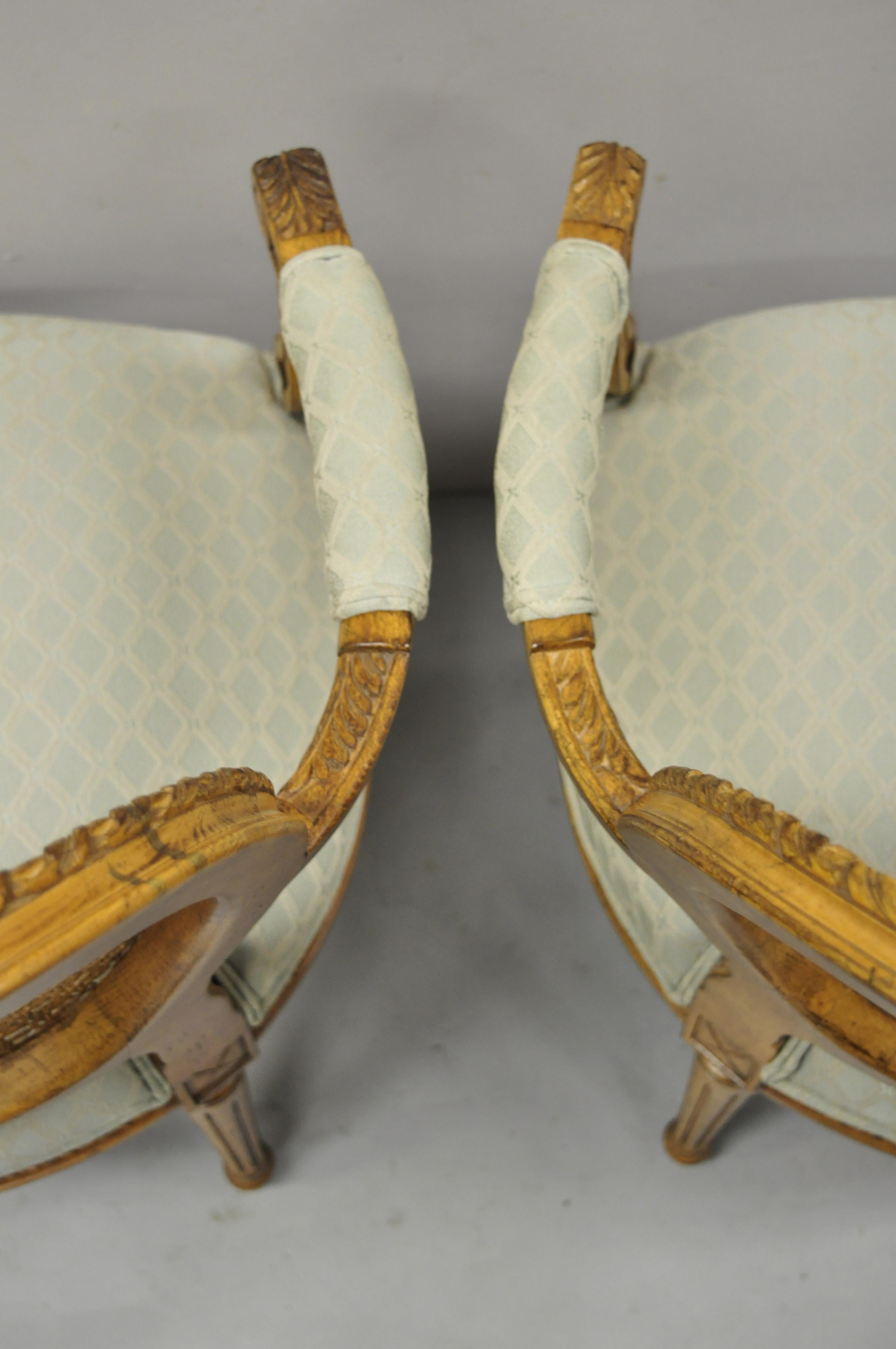 20th Century Vintage French Country Louis XVI Oval Cane Back Fauteuil Lounge Chairs, a Pair For Sale