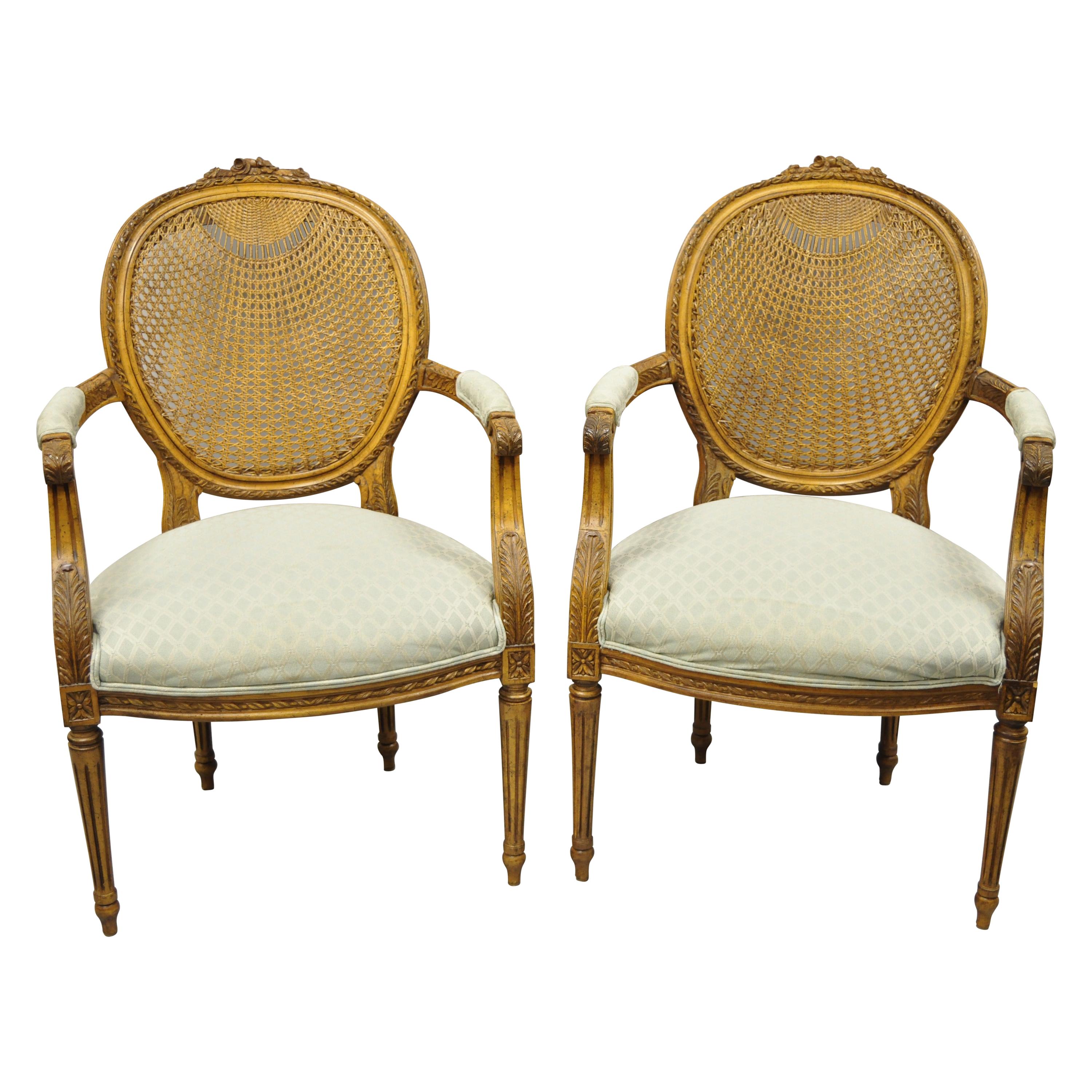 Vintage French Country Louis XVI Oval Cane Back Fauteuil Lounge Chairs, a Pair For Sale