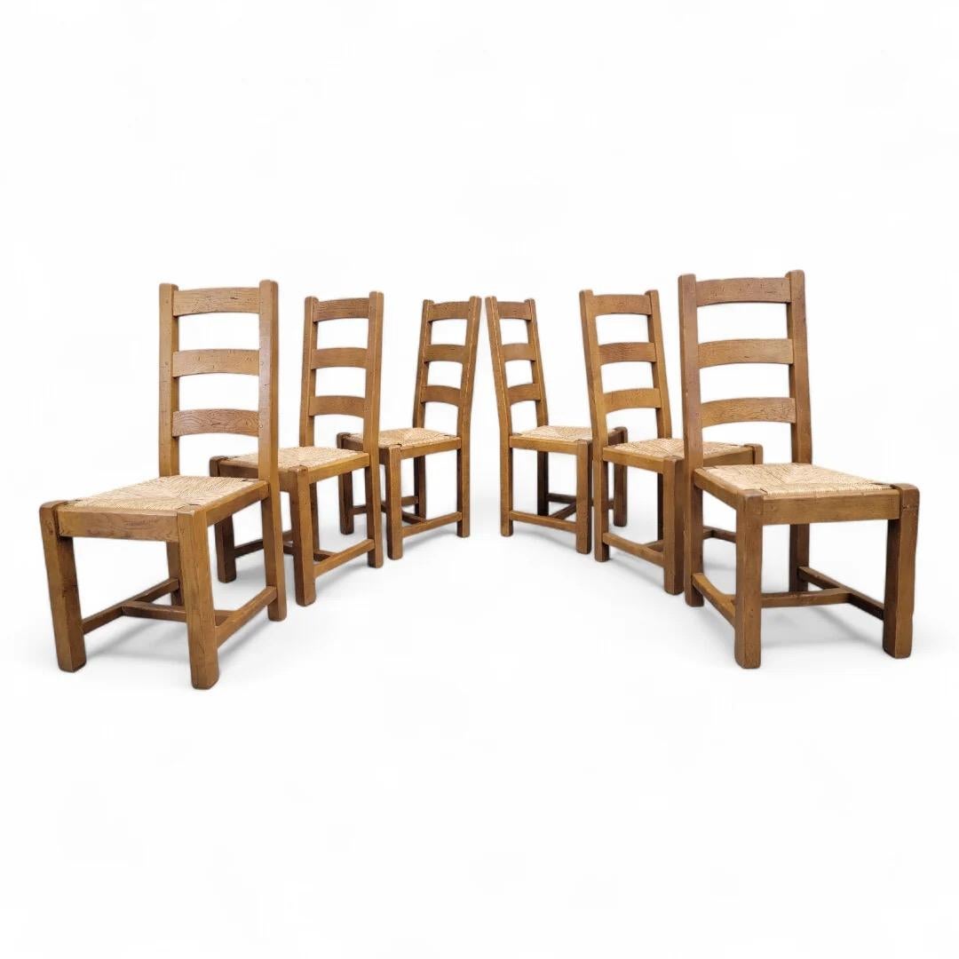 Vintage French Country Oak Extension Dining Table With 8 Ladder Back Chairs In Good Condition For Sale In Chicago, IL