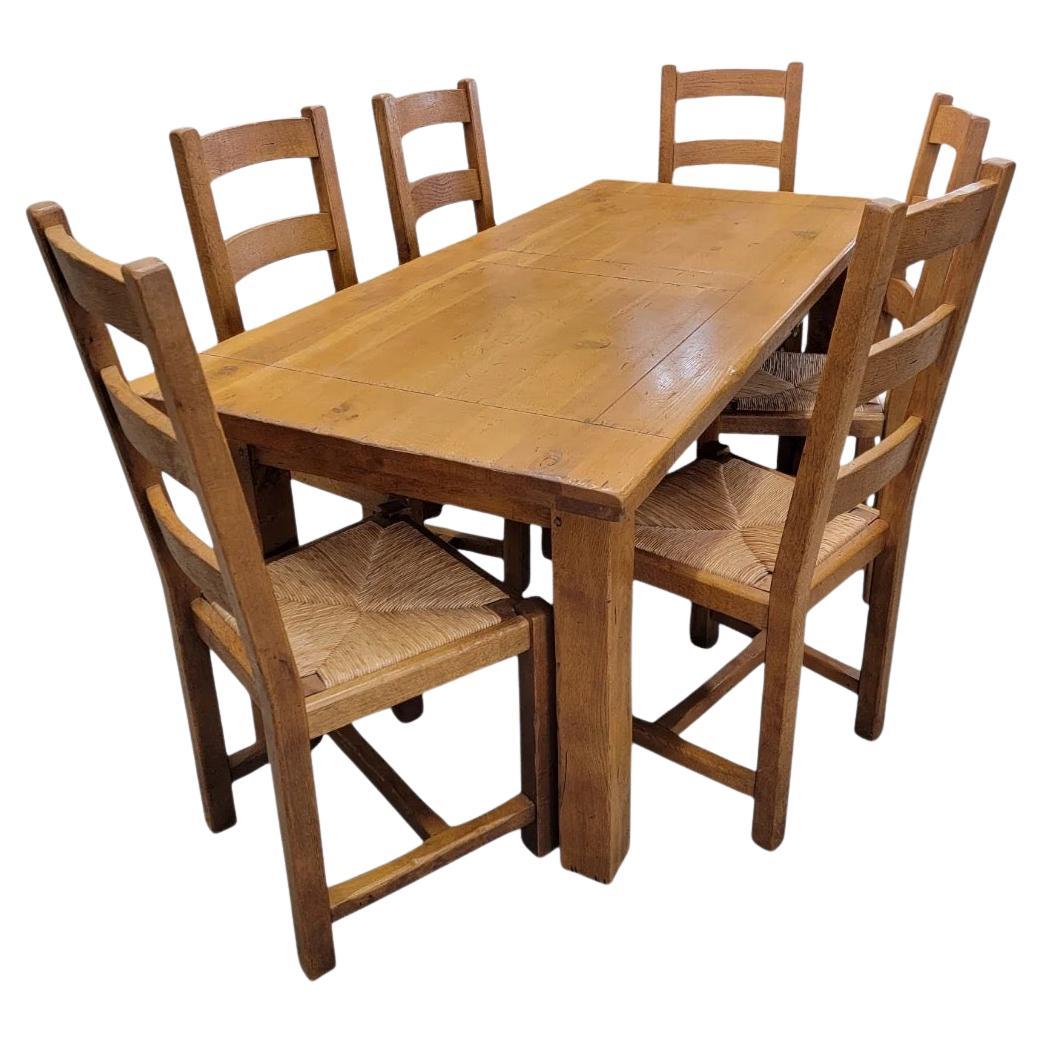 Vintage French Country Oak Extension Dining Table With 8 Ladder Back Chairs For Sale