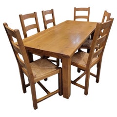 Vintage French Country Oak Extension Dining Table With 8 Ladder Back Chairs