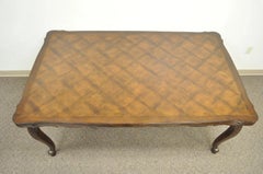 Vintage French Country Oak Parquetry Inlay Refectory Extension Leaf Dining Table