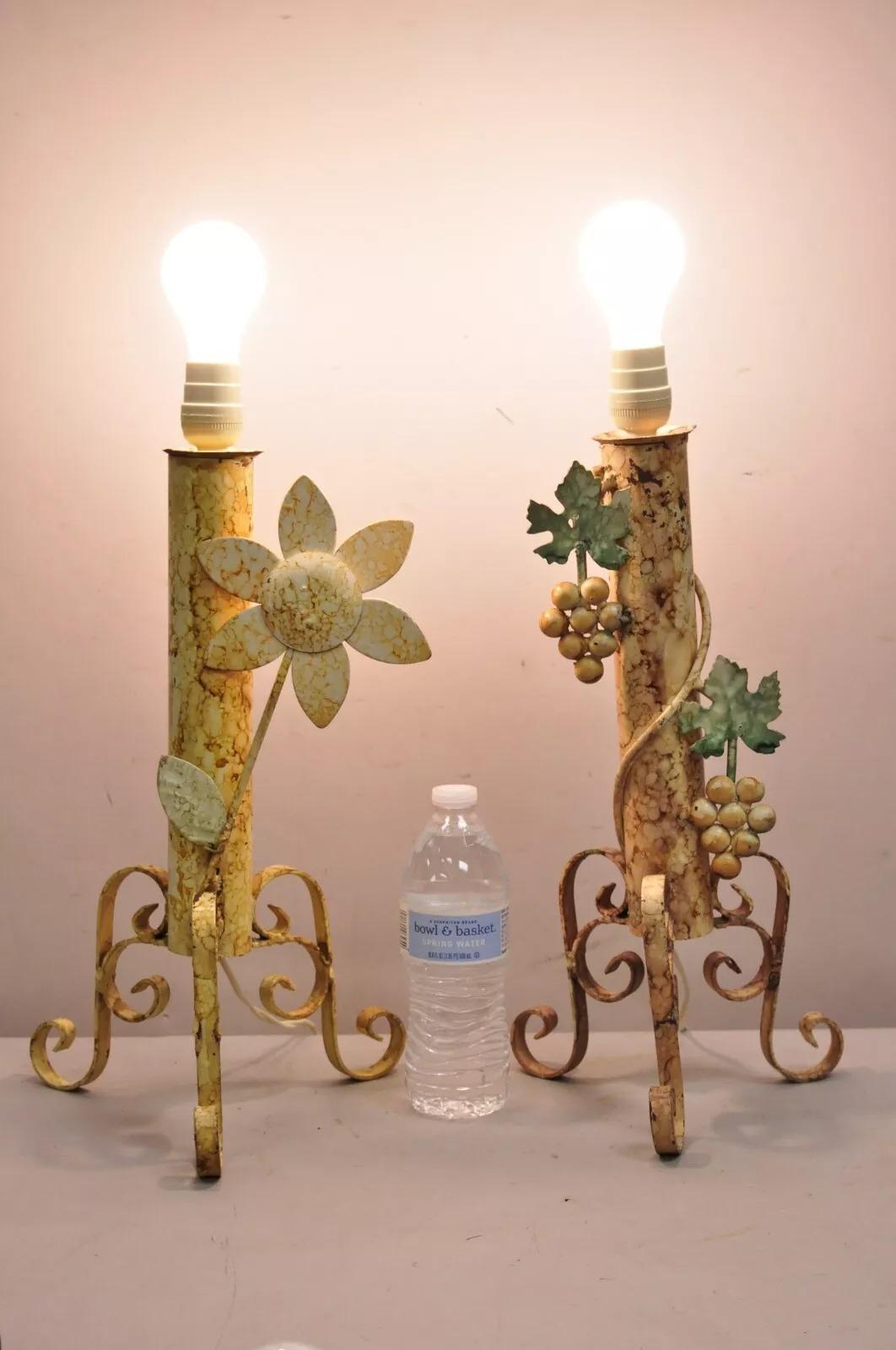 Vintage French Country Painted Metal Grapevine & Floral Form Table Lamps in Pink & Yellow - a Pair. Circa Late 20th Century. Measurements: 18.5