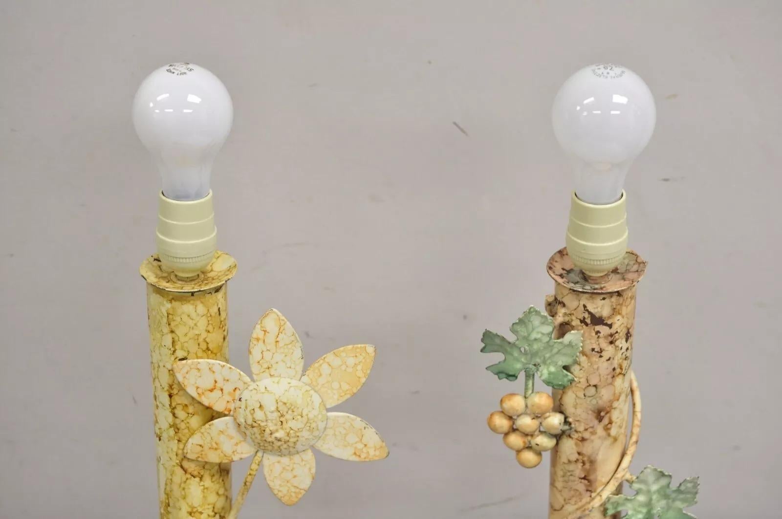 Vintage French Country Painted Metal Grapevine & Floral Form Table Lamps- a Pair In Good Condition For Sale In Philadelphia, PA