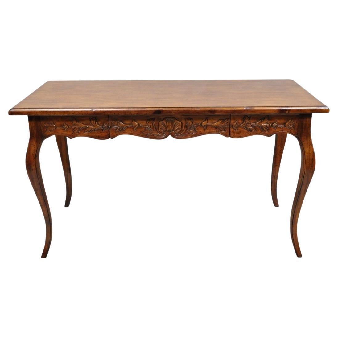 Vintage French Country Pine Wood Distress Floral Carved 1 Drawer Writing Desk