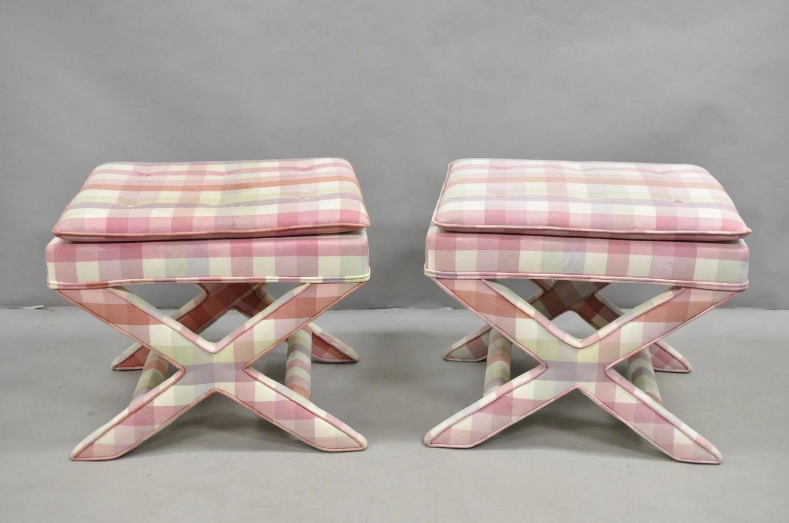 Vintage French Country Pink Plaid Upholstered Hollywood Regency X-Stool Curule Bench - a Pair. Circa Late 20th Century. Dimensions : 19
