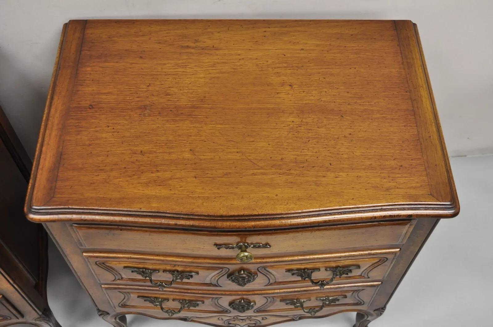20th Century Vintage French Country Provincial Carved Walnut Italian Nightstands - a Pair