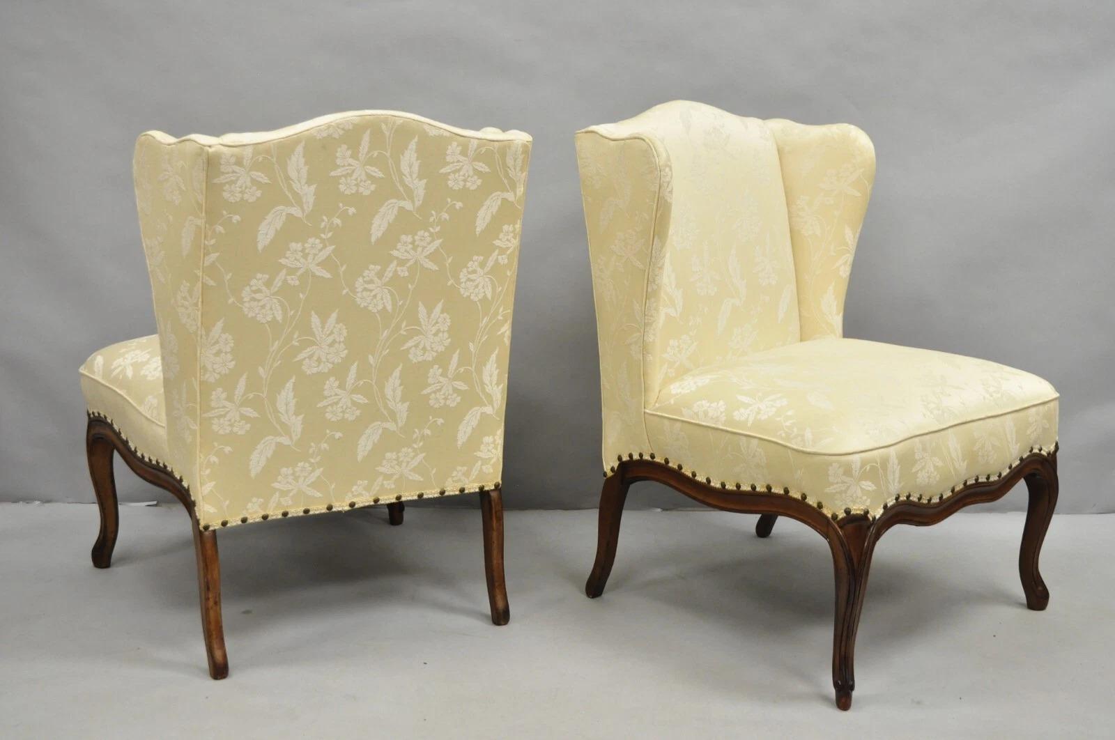 Vintage French Country Provincial Cherry Cabriole Leg Slipper Lounge Chairs - a Pair. Circa Mid 20th Century. Dimensions : 34