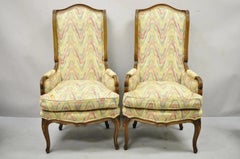 Vintage French Country Provincial High Back Walnut Arm Chairs (A) - a Pair